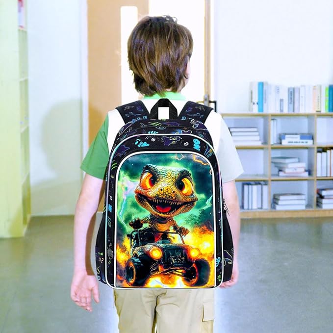 16" Dinosaur Backpack for Boy, 3Pcs Truck Bookbag with Lunch Box, Kids School Backpacks for Elementary Preschool Kindergarten (Black)