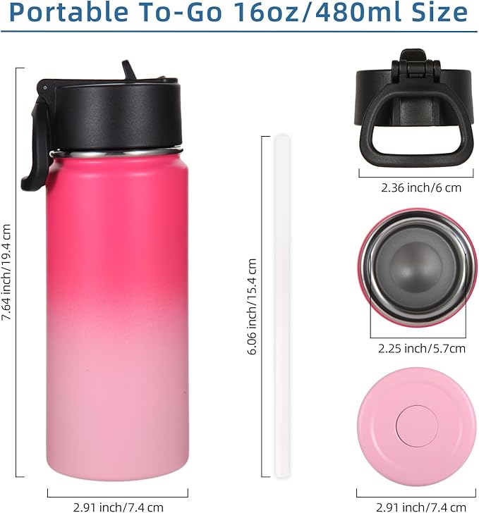 Volhoply 16 OZ Kids Water Bottle Bulk 4 Pack,Insulated Sports Bottles with Straw Lid,Stainless Steel Bottle with Handle Keep Cold & Hot,Double Wall Vacuum Cups for School,Girls(Peach, 4)