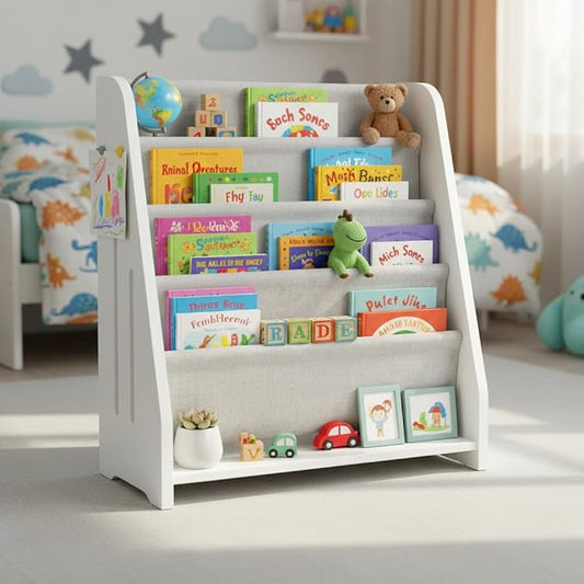 Baby Bookshelf Wood Montessori Kids Book Shelf Dutch Design 5Tier Scalloped,Milkywhite