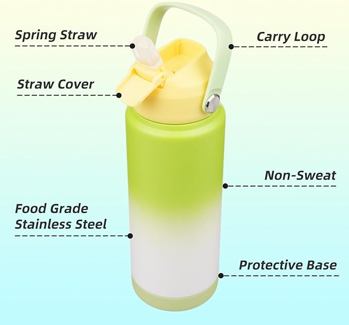 Insulated Water Bottle with Straw Lid,24 oz Stainless Steel Vacuum Metal Bottle with Silicone Handle,GreenWhite