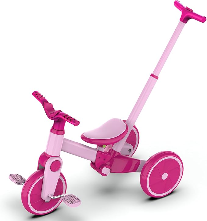 Tricycle for Toddlers 1-3 Year Olds, 5 in 1 Toddler Balance Bike with Removable Pedal, Foldable Toddler Tricycle with Push Handle(Pink)