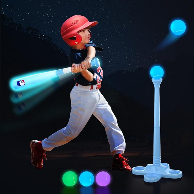 LED Tball Set for Toddlers 3-5, 5-8, Light up Tee Ball Set for Toddlers, Glow in The Dark T Ball Set for Kids 3-5, Kids Outdoor Toys Baseball Toys Gifts for Boys Girls (Blue)