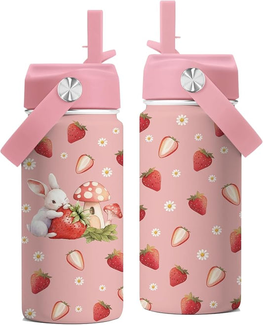 Bunny Gifts for Girls, Cute Water Bottle 16 oz Rabbits Strawberries Water Bottles with Straw Lid, Stainless Steel Insulated Tumbler, Cute Bunny Cup Gifts for Birthday Christmas