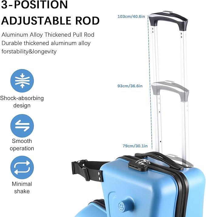 20 Inch Ride On Kids Suitcase with Wheels, Ride On Luggage with Pedal, Hardshell Kids Suitcase Adjustable Safe Harness, ABS+PC, Up To 100 Lbs, Blue