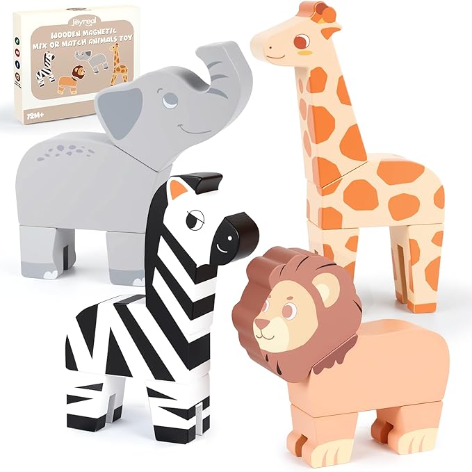 Joyreal Magnetic Mix or Match Jungle Animals Toy Play Set, 16 Pcs Wooden Building Blocks Play Set Toy for 1 Year Old, Fine Motor Montessori Game Preschool Educational Gift for Ages 1-5