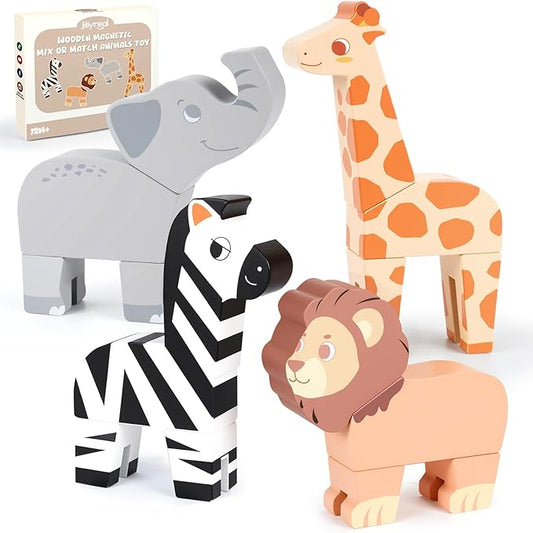 Joyreal Magnetic Mix or Match Jungle Animals Toy Play Set, 16 Pcs Wooden Building Blocks Play Set Toy for 1 Year Old, Fine Motor Montessori Game Preschool Educational Gift for Ages 1-5