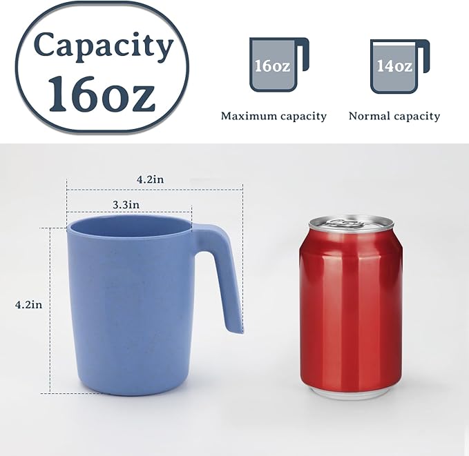 16oz Wheat Straw Cups with handles set of 6-Plastic Cups Reusable-Unbreakable Kids Mugs-Dishwasher Safe & Microwave Safe-Ideal Plastic Mugs for Tea,Coffee,Camping,RV-Sky Blue