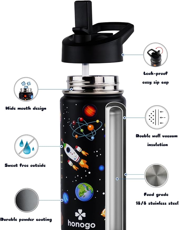 16 oz Stainless Steel Insulated Kids Water Bottle, Leak Proof Metal Thermal Flask with Straw lid, Cute Toddler Tumbler Cup for School Girls & Boys (Black, Space)