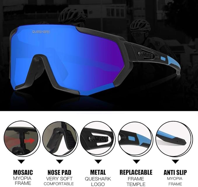 Queshark Cycling Glasses, Sports Sunglasses for Men Women, 1 Polarized 2 HD Lens, Polarized Sunglasses for Cycling Running
