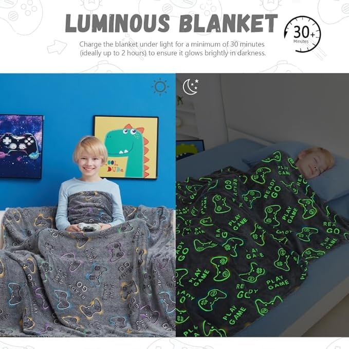 Gamer Game Controller Gifts Toys for Boys,Glow in The Dark Gaming Blanket,Christmas Birthday Presents Decor for Kids Age 3-14 Year Old Son Teen Child Toddler Soft Luminous Kid Blanket 50"x60"