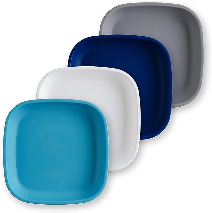 Re-Play Toddler Plates - 22 Oz. Deep-Walled Flat Kids Plates - Dishwasher & Microwave Safe - Made in USA - Set of 4-7.37" x 7.37" x 1.25" - Modern Blue
