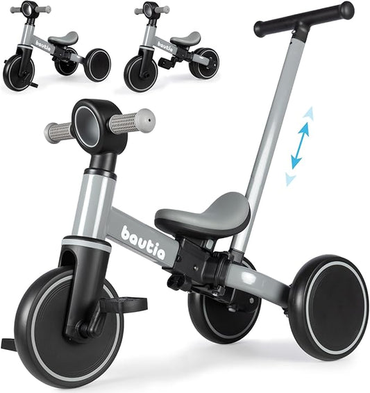 5 in 1 Kids Tricycle for Toddlers 1-3 Baby Balance Bike Toy for 1-4 Years Old Boys Girls Gift with Push Handle & Removable Pedals, Gray (No Parent Steering Version)