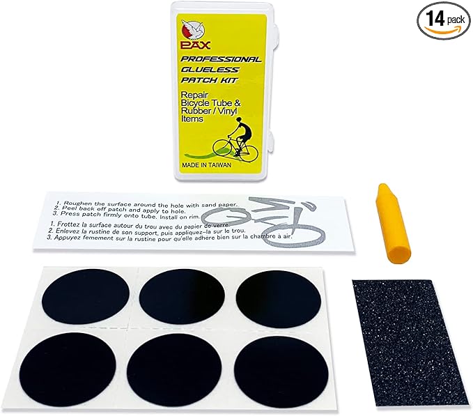 PAX 9 Pcs Bicycle Bike tire Puncture Repair kit with Glueless Patch, Sand Paper, Marking Pen, Exposition in Portable Storage Box for Road, Mountain & BMX Bikes, ATV.