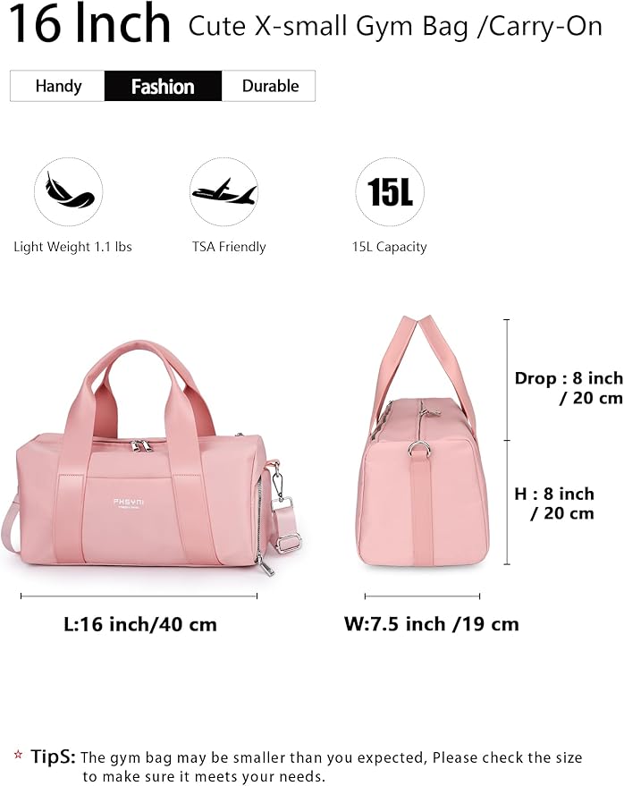 Compact Sports Gym Bag for Women Girls, Cute Mini Duffle Bag with Wet Pocket & Shoes Compartment, Personal Item Travel Workout Bag, 16"-Small, Pink