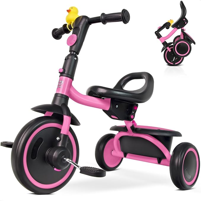 Toddler Tricycle for 18 Months to 5 Years, Foldable Tricycles for 3-5 Year Olds, Kids Tricycle with Adjustable Carry-Friendly Ergonomic Seat and Covered Large Basket, Pink