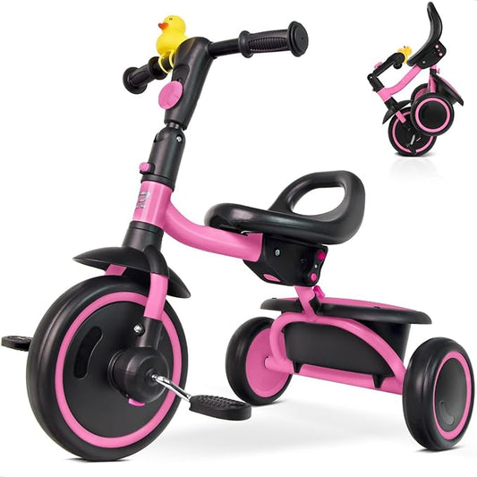 Toddler Tricycle for 18 Months to 5 Years, Foldable Tricycles for 3-5 Year Olds, Kids Tricycle with Adjustable Carry-Friendly Ergonomic Seat and Covered Large Basket, Pink