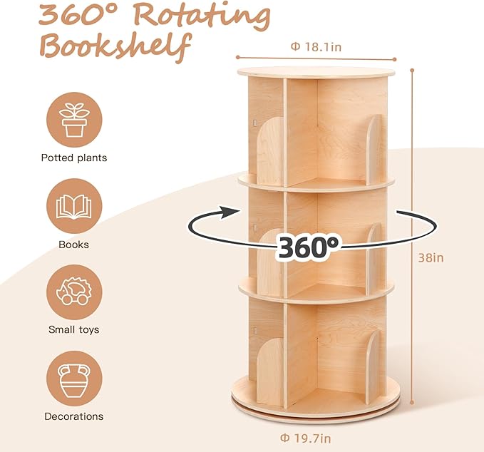 OOOK Kids Rotating Bookshelf Tower, 3 Tier Spinning Floor Standing Montessori Bookshelf Storage Rack, Large Chassis 360 Display for Small Space, Kids Room, Nursery