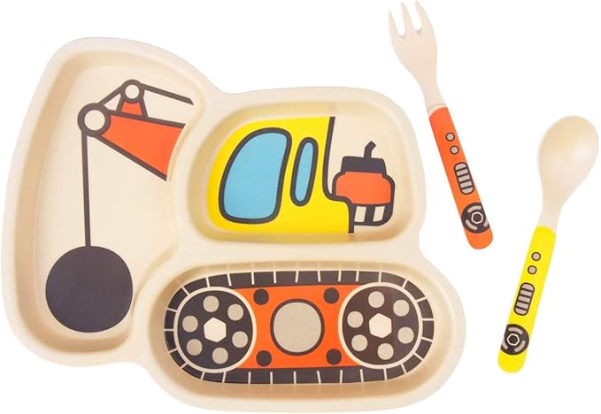 Kid Plate Set Bamboo Toddler Plates Dinnerware Dinner Dish Set Baby Feeding Spill Proof Divided Plate - Baby Spoon and fork 3-Piece Set for Kids and Toddlers Teaches Child Portion Control