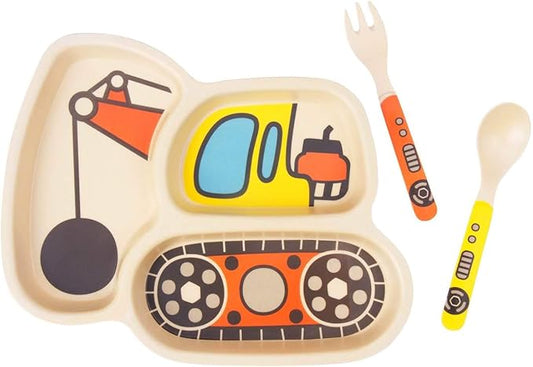 Kid Plate Set Bamboo Toddler Plates Dinnerware Dinner Dish Set Baby Feeding Spill Proof Divided Plate - Baby Spoon and fork 3-Piece Set for Kids and Toddlers Teaches Child Portion Control