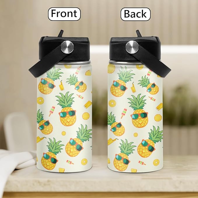 Kids Water Bottle Pineapple Water Bottles 12oz with Straw Insulated Stainless Steel Travel School Tumbler Double Wall Vacuum Cup for Girls Kid Boys
