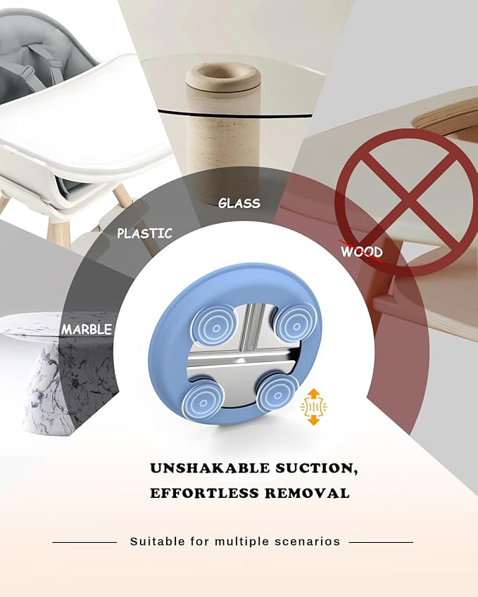 Stainless Steel Suction Plates for Toddlers, 9" Divided Kids Baby Plates with Removable Silicone Suction, Non Toxic Non Slip Portion Control Snack Dishes 3 Packs, Blue Gray Beige