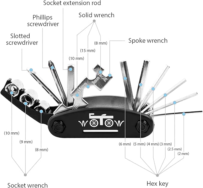 WOTOW Bike Repair Tool Kit, 16 in 1 Bicycle Multitool with Tire Levers Hex Spoke Wrench, Multi Function Accessories Set for Road Mountain Bikes