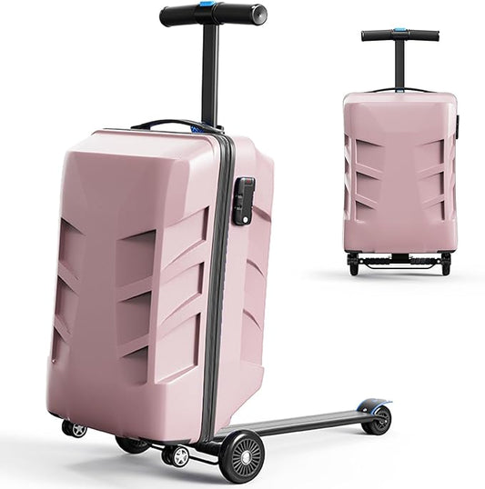 Scooter Suitcase 3-D Hardshell Ride Scooter Luggage for Kids Age 7-15, Cute Lightweight Kids Luggage with Wheels, Multifunctional Ride On Travel Trolley Scooter Combo-PINK, Girls Boys Suitcase