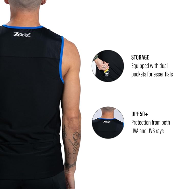Zoot Men’s Core Tri Tank, Performance Triathlon Race Tank Top, UPF 50+ Fabric, Rear Pockets, Mesh Panels, & Cam Lock Zipper