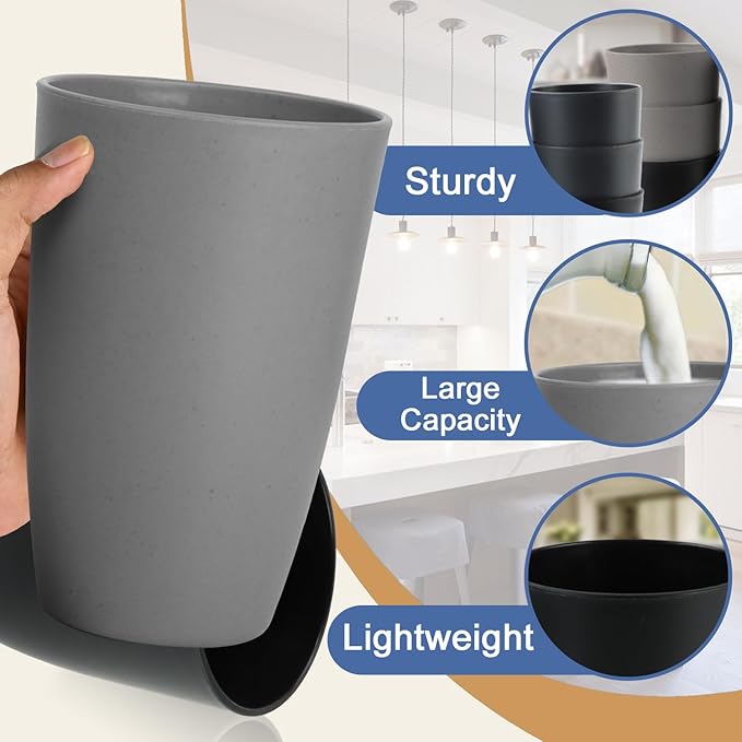 Wheat Straw Cups 20 OZ Set of 6, Unbreakable Drinking Cup Reusable, Alternative to Plastic Cups Reusable, Kitchen Water Tumblers Dishwasher and Microwave Safe (Black, Grey)