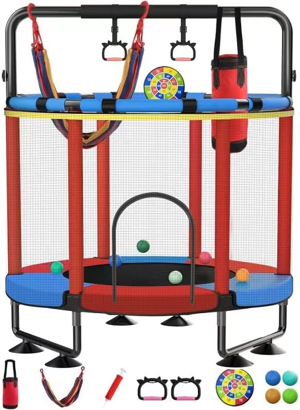Trampoline for Kids, Upgrade Full Anti-Rust 440lbs Indoor Outdoor Toddler Trampoline with Net, 55" Adjustable Baby Toddler Trampolines Accessories with 8 Toys Dart Board