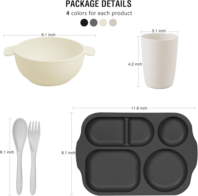 shopwithgreen Kids Toddlers Plates and Bowls Sets, 20 PCS Wheat Straw Dinnerware Cutlery Set, Unbreakable Tableware Divided Plate Spoon Knife Cup, Reusable Utensils Set for Kitchen Picnic School