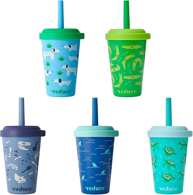 REDUCE GoGo's Kids Portable Tumbler Cups with Lids and Spill-Proof Straws - 5 Pack of Stackable 12 oz Tumblers with Twist-On Lids - Easy Storage, Dishwasher Safe - Scavenger Boy Set