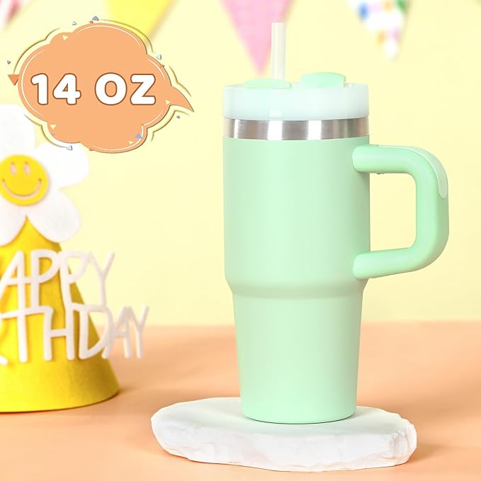 Cosictic 14 Oz Tumbler with Handle and Straw for Kids, Stainless Steel Double Wall Vacuum Insulated Cup for Children, 14 Oz Cups for Kids (Green)