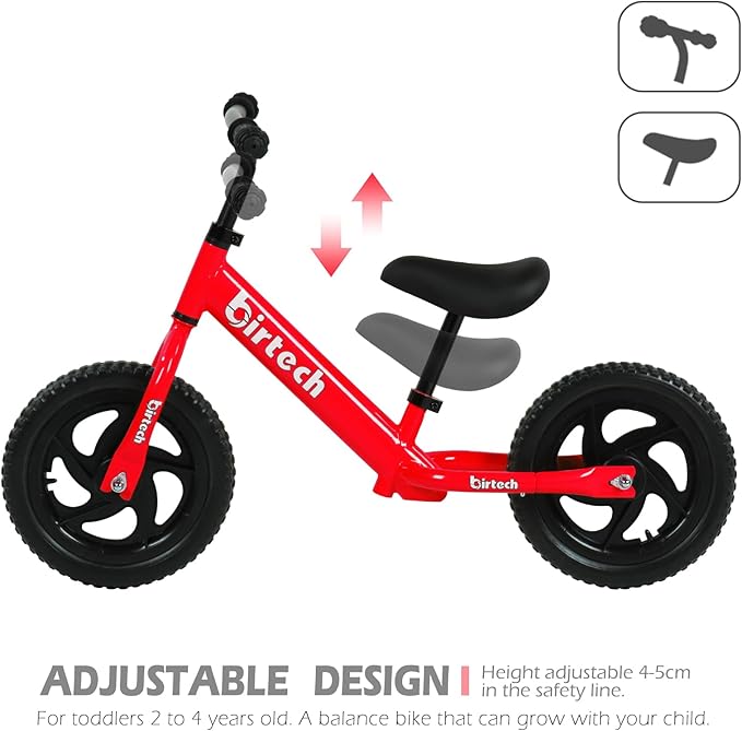 Birtech Balance Bike for 2-5 Years Old Kids 12 Inch Toddler Balance Bike Kids Indoor Outdoor Toys No Pedal Training Bicycle with Adjustable Seat Height, Red