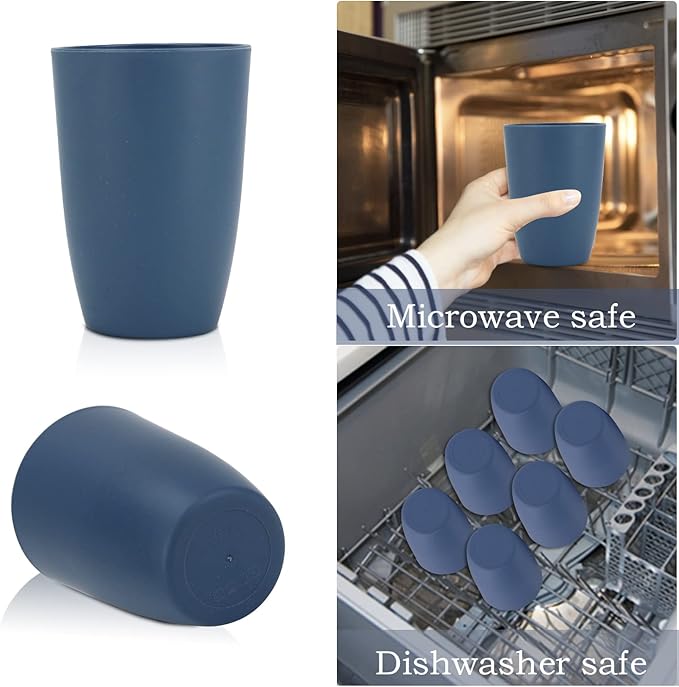 Wheat Straw Cups 6 PCS Good Alternative to Plastic Reusable Cups 12 oz Unbreakable Drinking Cup Reusable Dishwasher Safe Water Plastic Glasses Navy Blue