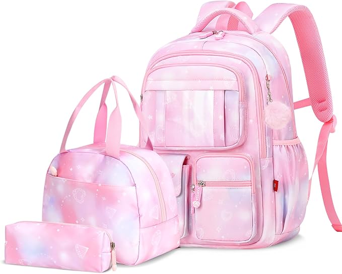 Tanou Backpack with Lunch Box for Girls, Kawaii Set School Bag for Kid Elementary Middle School, Aesthetic Laptop Bookbag Lightweight, Pink