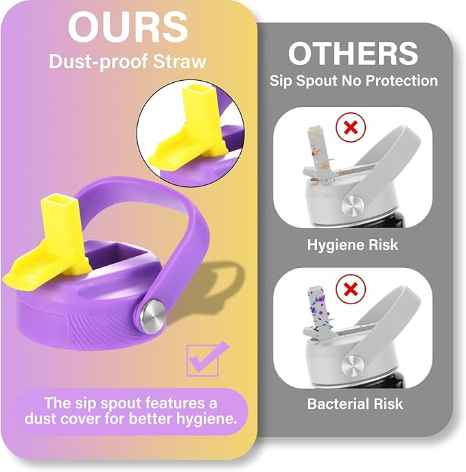 Mininoo Insulated Stainless Steel Kids Water Bottle for School with Straw Lid & Strap, 50 Stickers, 18 oz(Purple/Yellow)