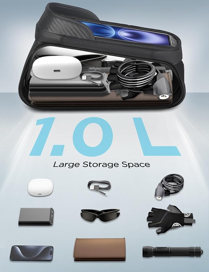 Bike Phone Holder Bag, EVA Waterproof Bicycle Front Frame Bag, Bike Accessories Cycling Pouch with Sensitive TPU Touch-Screen, Bicycle Phone Mount with Rain Cover for Phone under 6.5"(Black, 6.5 inch)