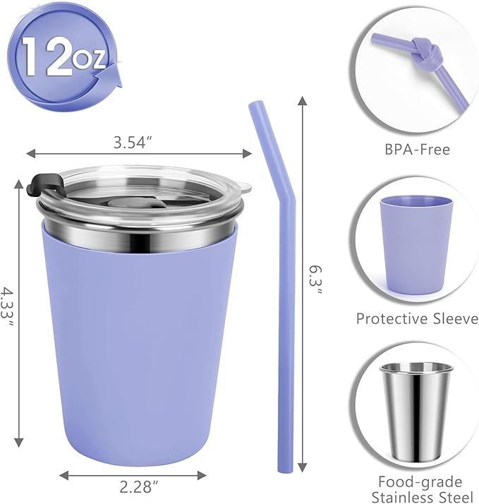Kids Cups with Straws and Lids Leak Proof, 12oz Sippy Cups for Toddlers 1-3 No Spill, Spill Proof Cup Stainless Steel Kids Cup with Lids for School, Outdoor, 4 Pack