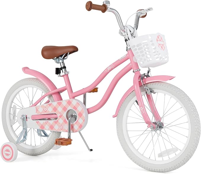 BABY JOY Kids Bike, 12 14 16 18 20 Inch Boys Girls Bike w/Adjustable Seat, Removable Basket, Handbrake & Coaster Brake, Training Wheels or Kickstand, Kids Bicycle with Multi-Color