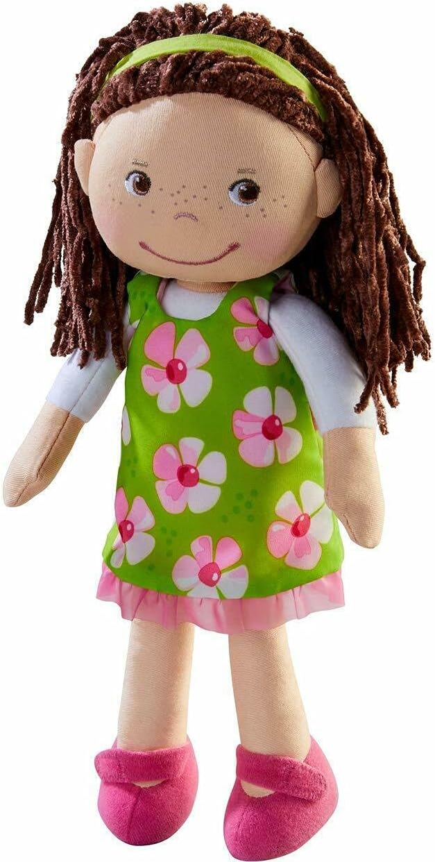 HABA Coco 12" Soft Baby Doll with Brown Hair, Embroidered Face, Removable Green Dress, Matching Headband - Machine Washable Toddler Doll - 18 Months+