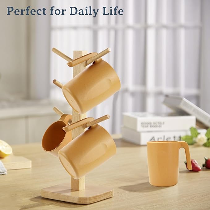 16oz Wheat Straw Cups with handles set of 6-Plastic Cups Reusable-Unbreakable Kids Mugs-Dishwasher Safe & Microwave Safe-Ideal Mugs for Tea,Coffee,Camping,RV-Banana Yellow