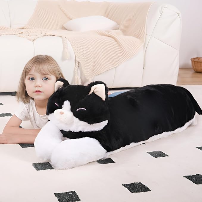 40'' Jumbo Cat Plush Stuffed Animal, Large Black Cat Long Body Pillow Plush Toy, Giant Soft Fluffy Kitty Cat Plushies Gift for Kids Boys Girls, Birthday, Halloween, Christmas