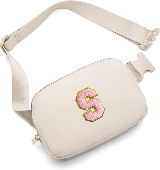 Gitus Belt Bag Fanny Pack Crossbody Bags with Initial Letter Patch Cute Stuff Birthday Gifts for Teenager Girls Trendy Preppy Stuff for Teen Girls(Beige-S)