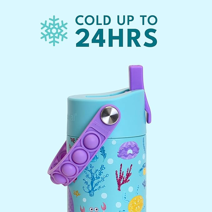 Elemental Insulated Kids Water Bottle, Stainless Steel Water Bottle with Straw Lid & Pop-It Handle, Leak-Proof Water Bottles for School, Boys or Girls, Travelling and Sports, 18oz - Mermaid