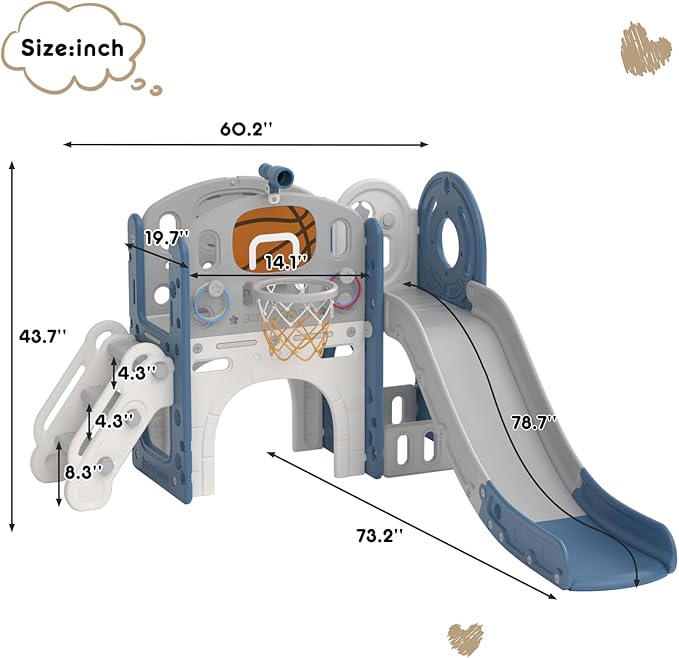 XJD 8 in 1 Toddler Slide Set, Kids Slide for Toddlers Age 1+, Toddler Climber Slide PlaySet with Basketball Hoop and Ball,Outdoor Indoor Playground for Toddlers 1-3 (Blue Gley, 8 in 1)