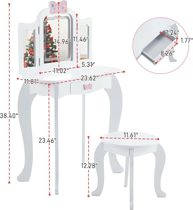 Kids Vanity Table and Chair Set, Girls Vanity Set with Mirror & 3-Color LED Lights, Pretend Play Kids Vanity with Drawer & Cute Bow Print, Makeup Dressing Princess Table for Girls, White