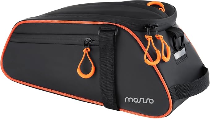 MOSISO Bike Rack Bag, 8L Waterproof Bicycle Rear Rack Trunk Bags with Orange Pull Tabs, Bike Rear Seat Bag Bicycle Storage Saddle Luggage Bags with Shoulder Strap for Road Mountain Cycling, Black