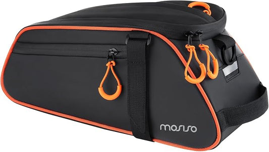 MOSISO Bike Rack Bag, 8L Waterproof Bicycle Rear Rack Trunk Bags with Orange Pull Tabs, Bike Rear Seat Bag Bicycle Storage Saddle Luggage Bags with Shoulder Strap for Road Mountain Cycling, Black