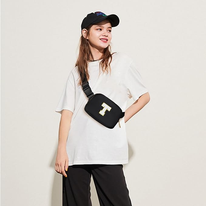 Gitus Birthday Gifts for 8 9 10 11 12 13 Year Old Girls Personalized Fanny Pack Crossbody Bags with Initial Letter Patch Belt Bag for Teen Girls Cute Trendy Stuff Travel Essentials (Black-T)